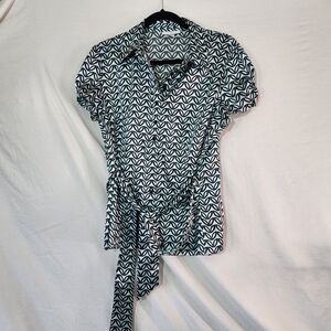 Dressbarn Black and Teal Blue Patterned Button Down Shirt